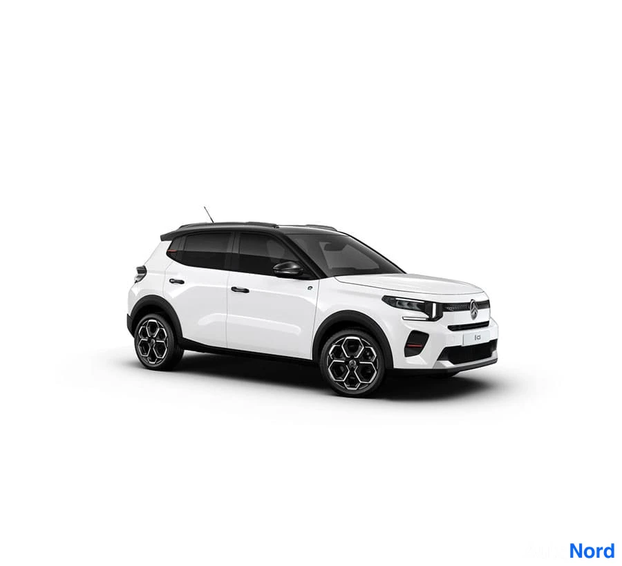 Valkoinen Citroen e-C3 2026, etuviisto, keula oikealle, kuva 2
